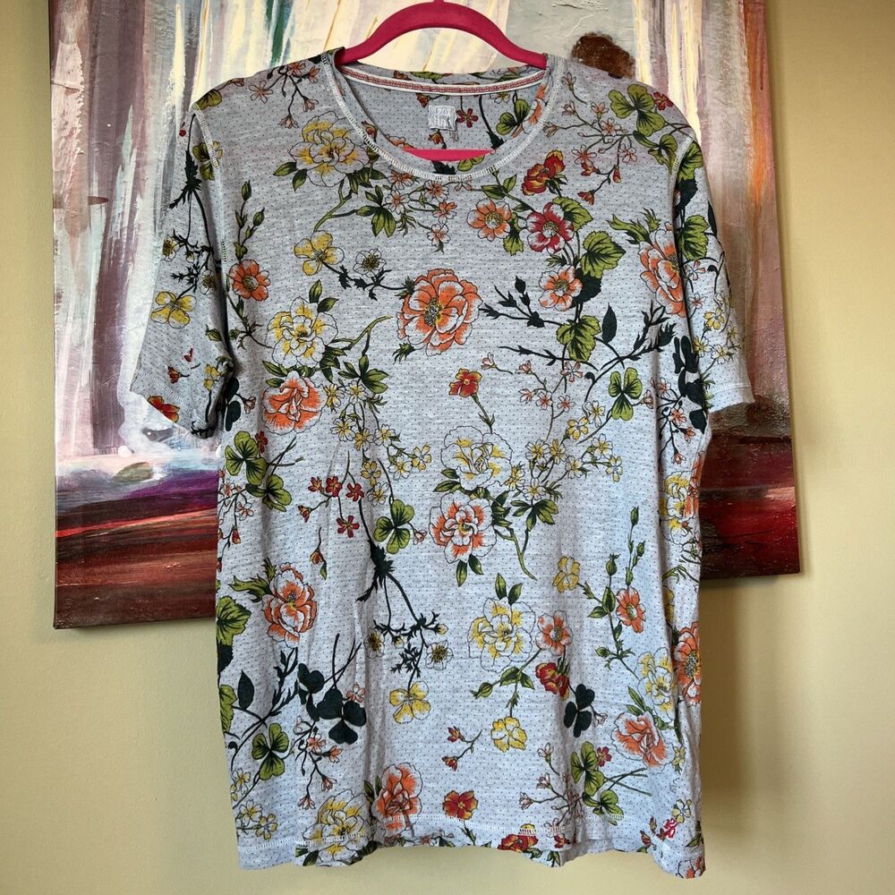 120% Lino Size L Crew Neck 100% Linen T Shirt Floral Men’s Light Blue NWOT